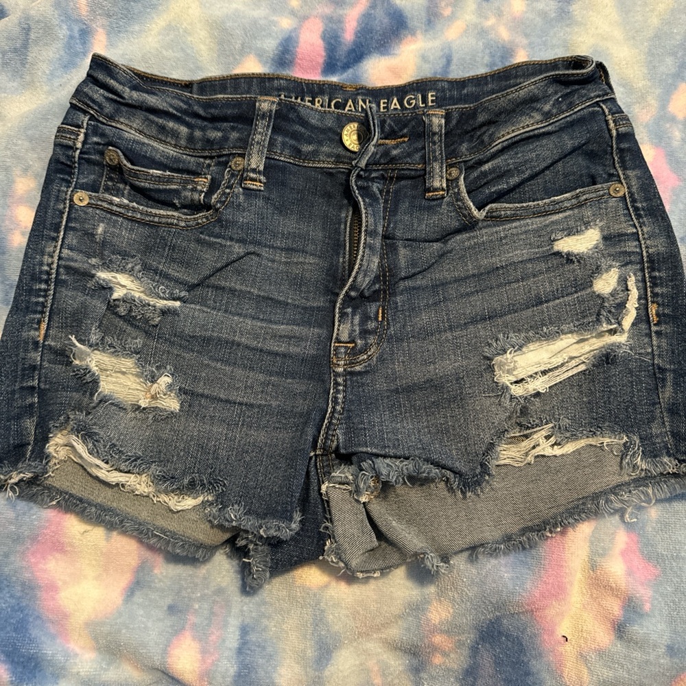 American Eagle Outfitters Women's Ripped Jean Shorts - Dark Blue